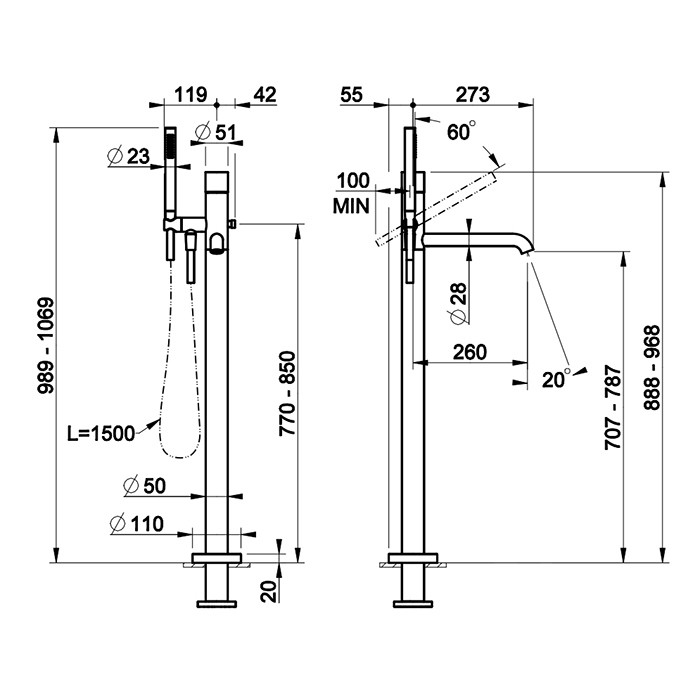 Смеситель для ванны, напольный, с ручным душем, Gessi Habito Rigato, black metal pvd арт. 70528#706