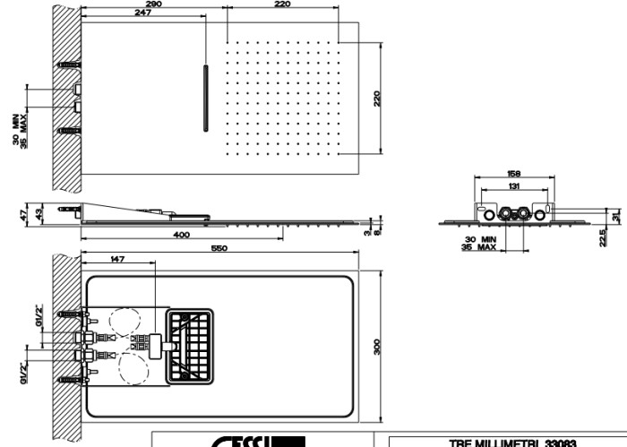 Верхний душ QUADRO 30х55см., настенный, 2 режима: тропический ливень, водопад, Gessi Tremillimetri, black metal brushed pvd арт. 33083#707