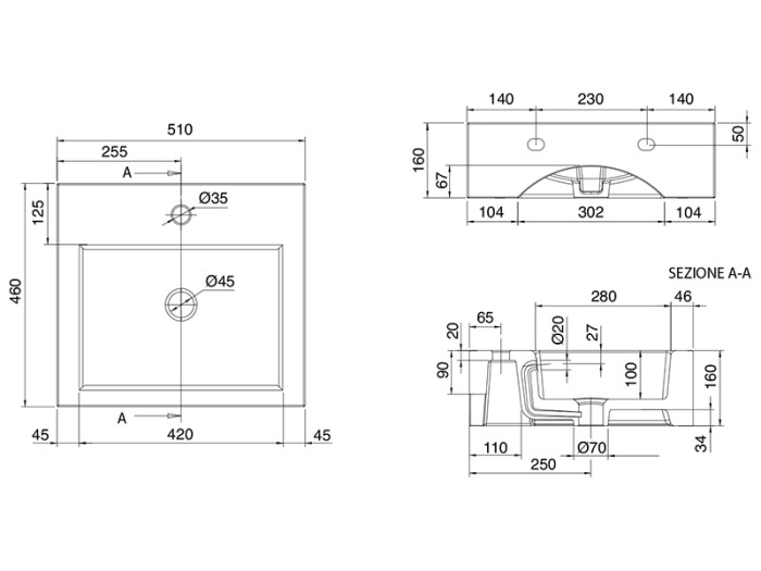 Раковина подвесная или накладная с переливом с одним отверстием, цвет белый, Scarabeo Square - 8025/B