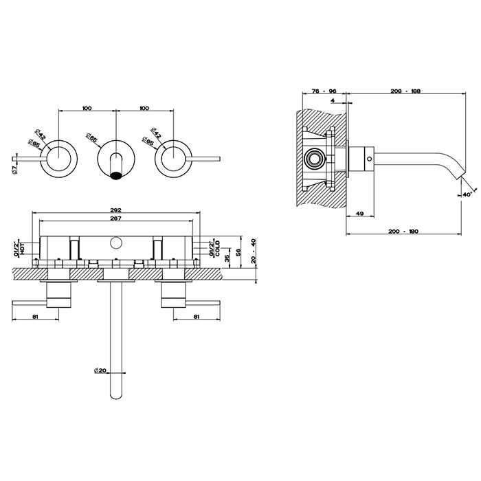 Встраиваемый смеситель с изливом 200-180мм, Gessi 316, brushed black metal pvd арт. 54094#707