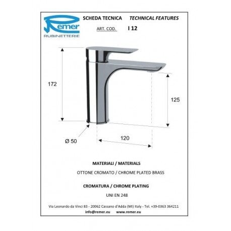 Смеситель для раковины никель матовый, Remer Infinity, внешнего монтажа I12NPO