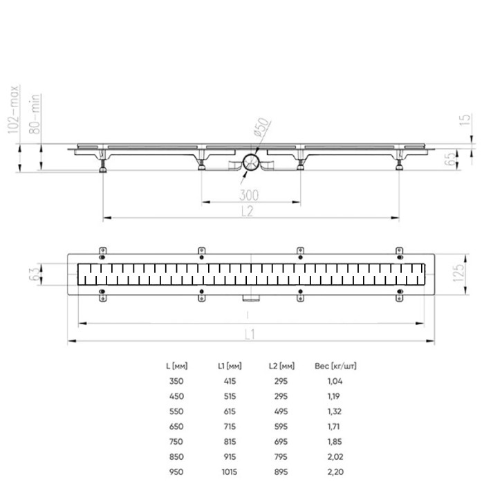 Душевой лоток D50 750 мм, боковой слив, пластиковый, перфорированная решетка, черный, Medium Azario - AZ-CH 750/50 MC