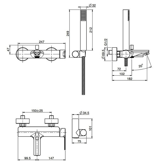 Fima Carlo Frattini Смеситель для ванны, настенный, ручным душем, Mast, F3134CR цвет: хром