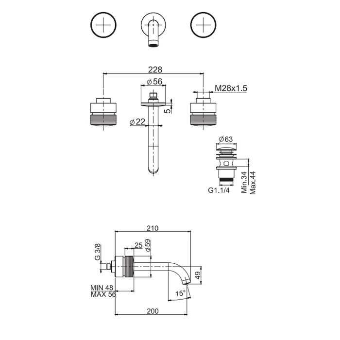 Fima Carlo Frattini Смеситель для раковины на 3 отверстия, настенный монтаж, Излив 200мм, Texture Collection, F5601L/5HCR цвет: хром