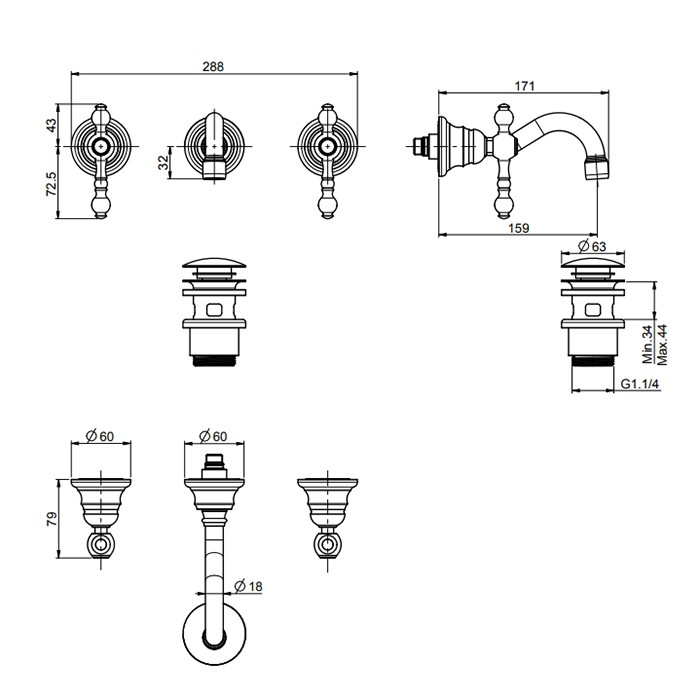 Fima Carlo Frattini Смеситель для раковины, встраиваемый, излив: 15.9см., Epoque, F5051/5OR цвет: золото