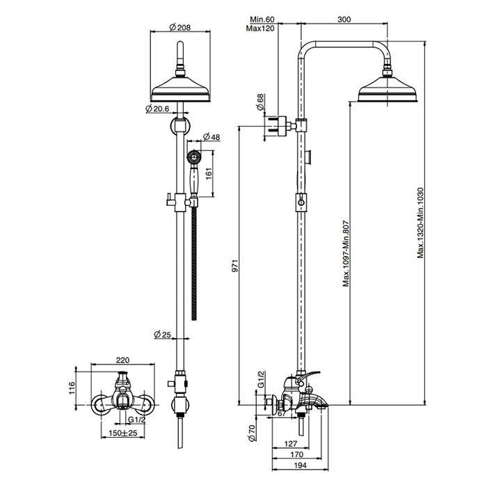 Fima Carlo Frattini Душевая стойка, верхний душ 20см., со смесителем, с ручным душем и держателем, Lamp, F3304/2OR цвет: золото