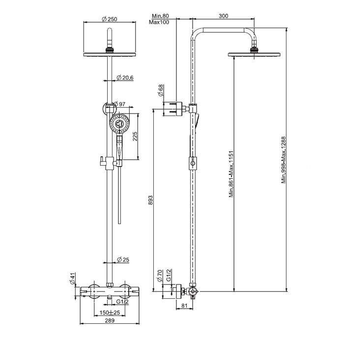 Fima Carlo Frattini Душевая стойка: смеситель для душа термостатический, внешнего монтажа, с душ стойкой, верхним душем d250мм, Wellness, F4885/RP259CR цвет: хром
