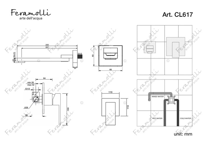 Смеситель для раковины встраиваемый, хром, Cubo Feramolli - CL617