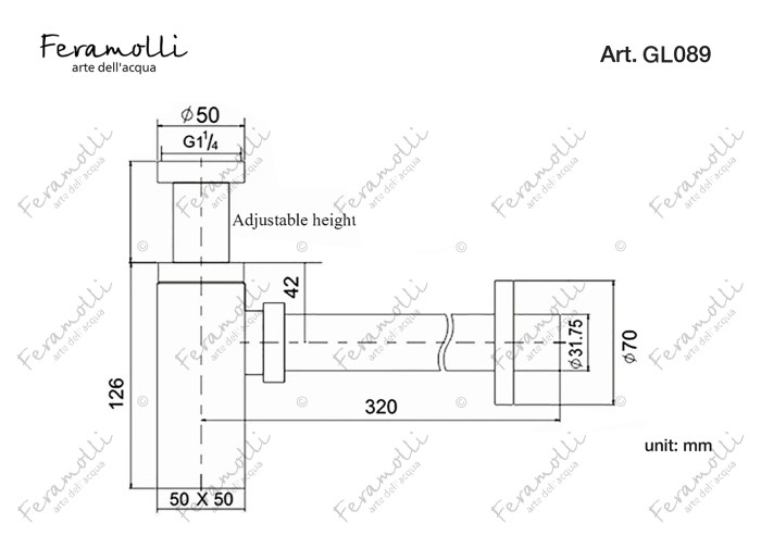 Квадратный сифон для раковины, золото, Cubo Feramolli - GL089