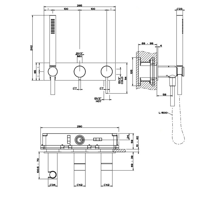 Встраиваемый настенный смеситель для ванны, автоматический переключатель ванна-душ, держатель неподвижный, Gessi Shower316, шлифованная сталь арт. 54038#239