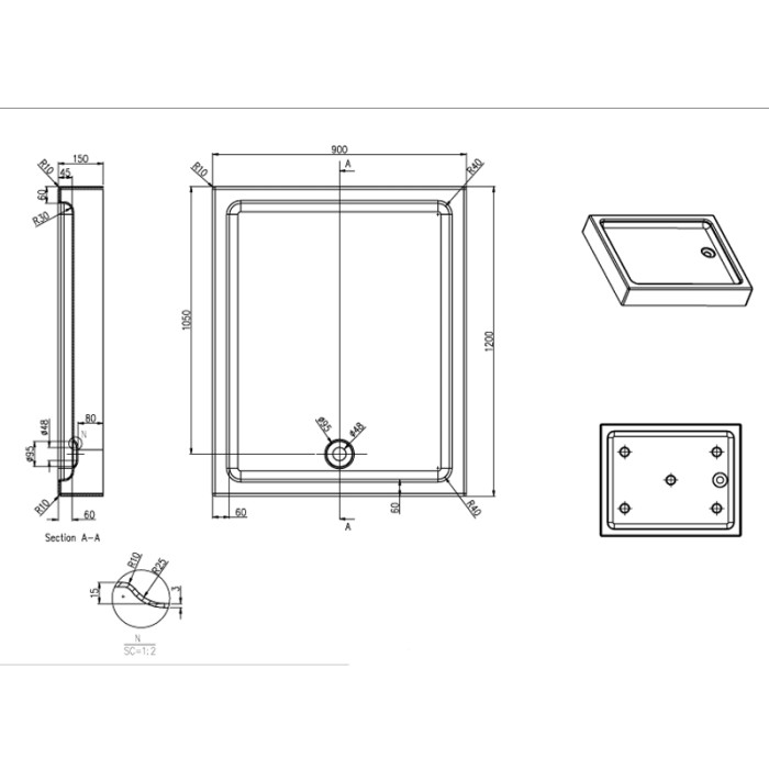 Душевой поддон 900х1200х150 R/L, для 1231 900 Ontario, Azario арт. P1912 R/L