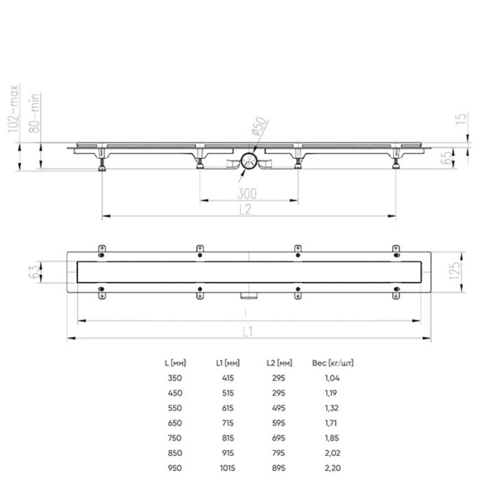Душевой лоток D50 650 мм, боковой слив, пластиковый, с черной решеткой, Klasik Azario - AZ-CH 650/50 KC