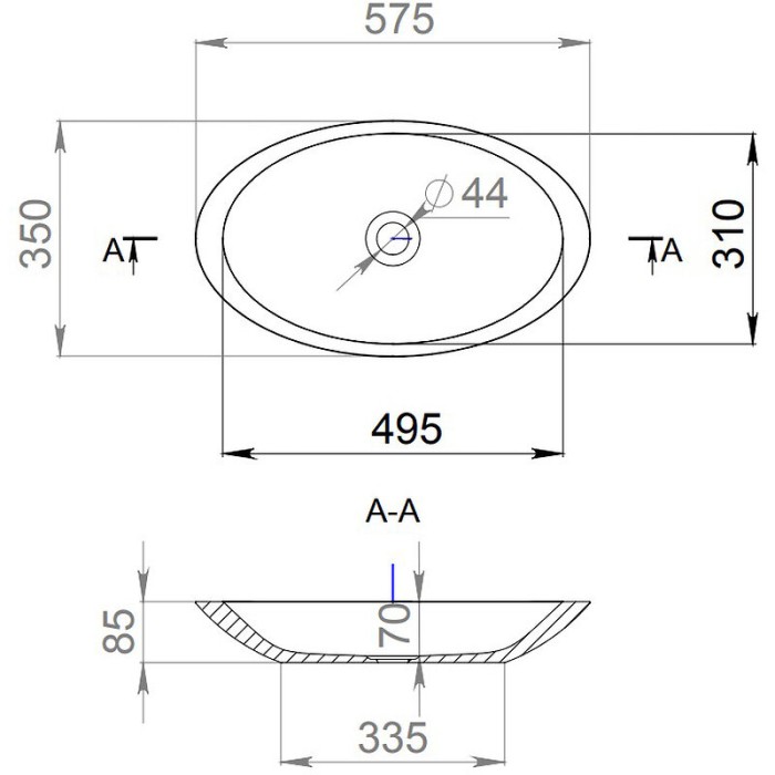 Раковина накладная 57,5x35, глянцевая, Salini CALLISTA арт. 1101102G