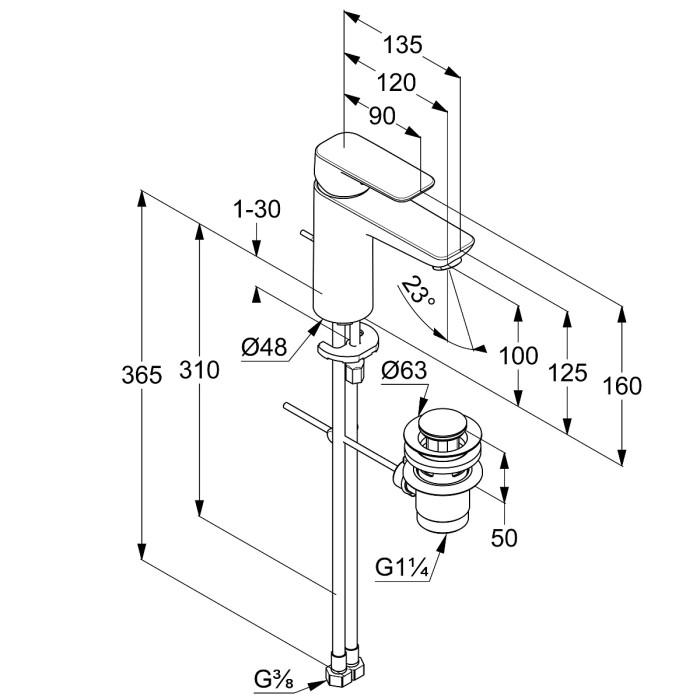 Однорычажный смеситель для раковины 100, холодная вода при центральном положении рычага, донный клапан g1 1, 4, pure and style Kludi, хром - 402930575wr4
