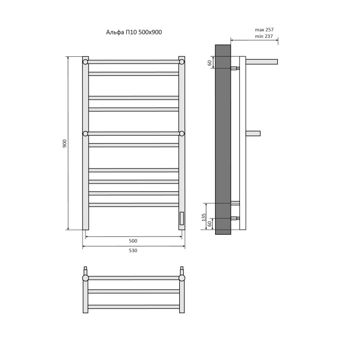 Полотенцесушитель водяной 500х900 Aquatek Альфа, черный муар арт. AQ EL RRP1090BL