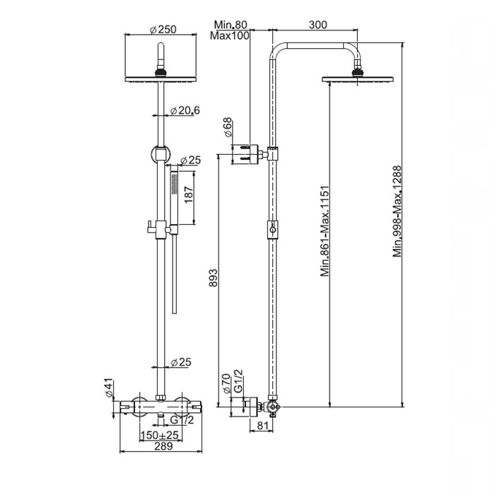 Fima Carlo Frattini Душевая стойка: смеситель для душа термостатический, внешнего монтажа, с душ стойкой, верхним душем d250мм, Wellness, F4885/RP251CR цвет: хром