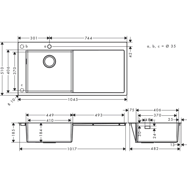 Раковина для кухни, врезная с правым крылом, Hansgrohe S71, нержавеющая сталь арт. 43331800