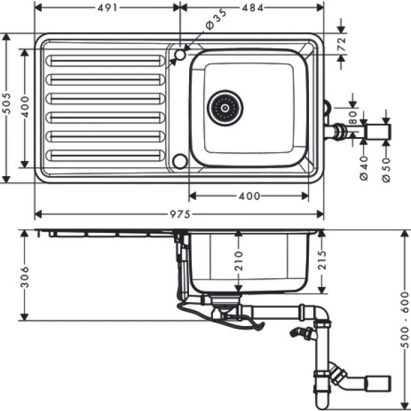 Раковина для кухни, врезная с левым крылом, Hansgrohe S41, нержавеющая сталь арт. 43338800