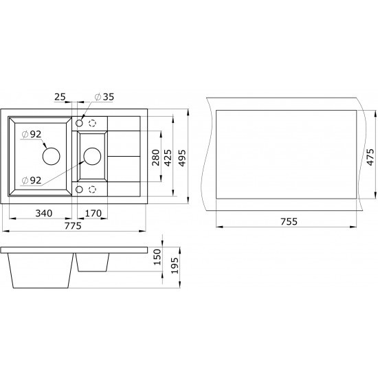 Мойка для кухни гранит 775х495 Paulmark FLUGEN 60/1,5, черный - PM237850-BL