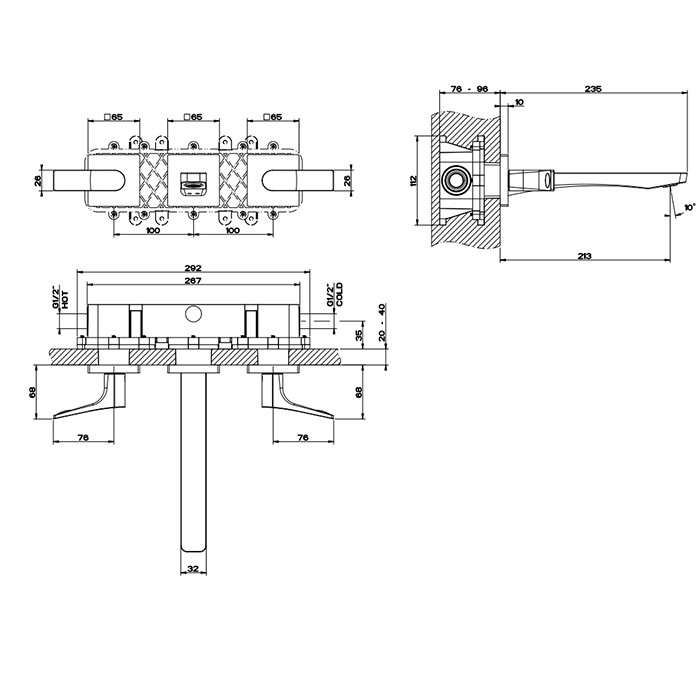 Встраиваемый смеситель для раковины на 3 отв, с изливом 213мм, Gessi Rilievo, nero xl арт. 59090#299