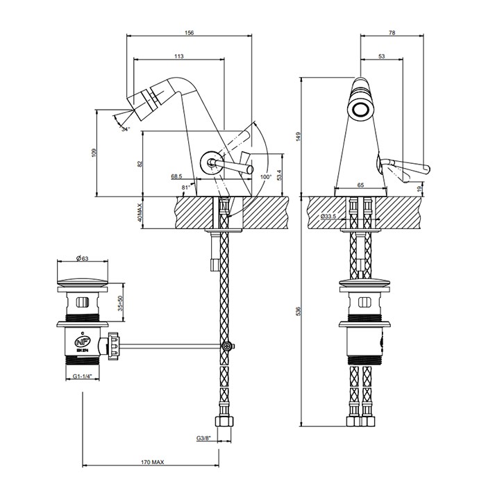 Смеситель для биде с донным клапаном на 1 1/4”, соединительные шланги на 3/8, Gessi Cono, finox арт. 45007#149