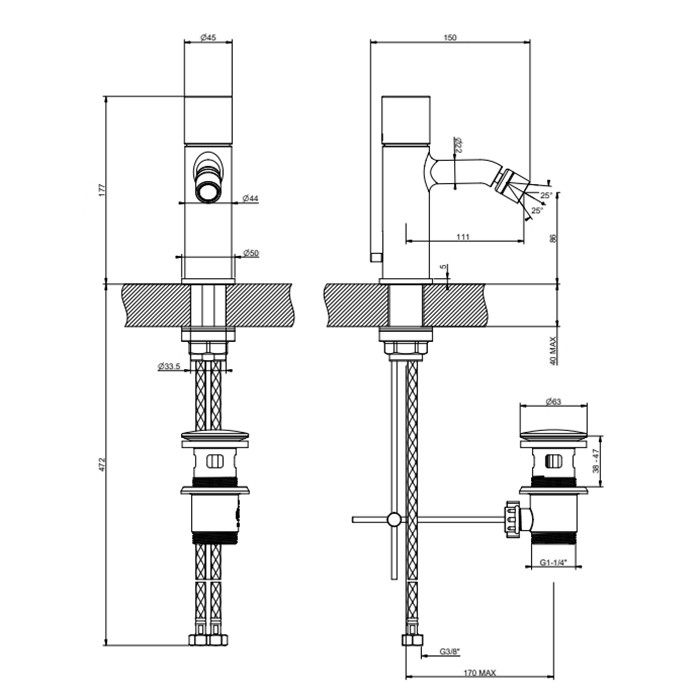 Смеситель для биде, 1 отв., с донным клапаном, Gessi Habito Unito, black metal pvd арт. 70007#706