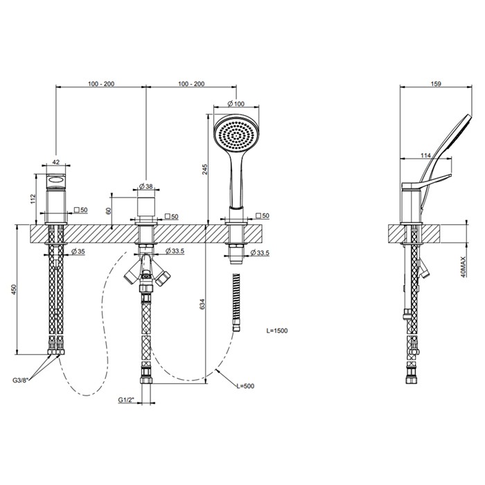 Смеситель на борт ванны на 3 отв, с убирающаяся душевой лейкой, для наполнения через слив-перелив, Gessi Rilievo, хром арт. 59043#031
