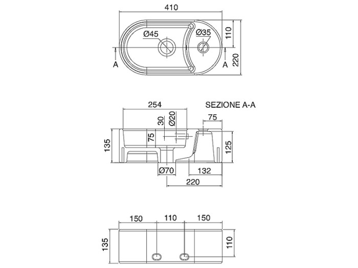 Раковина подвесная с переливом с одним отверстием, цвет белый, Scarabeo Seventy - 8093/B