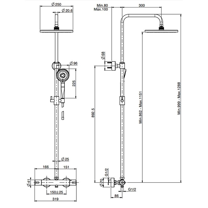 Fima Carlo Frattini Душевая стойка, верхний душ 25см., со смесителем, с держателем и ручным душем, Colonne doccia, F3155/RP259CR цвет: хром