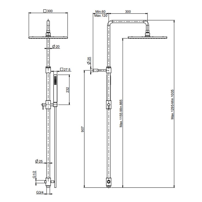 Fima Carlo Frattini Душевая стойка с переключателем, верхним душем 300х300 мм. из латуни, ручным душем и шлангом 1500 мм, Wellness, F2200LCR цвет: хром