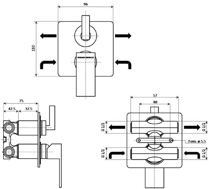Смеситель встраиваемый для душа с дивертором, на два потока, MUSE Kerama Marazzi, хром - V2CR6911KM