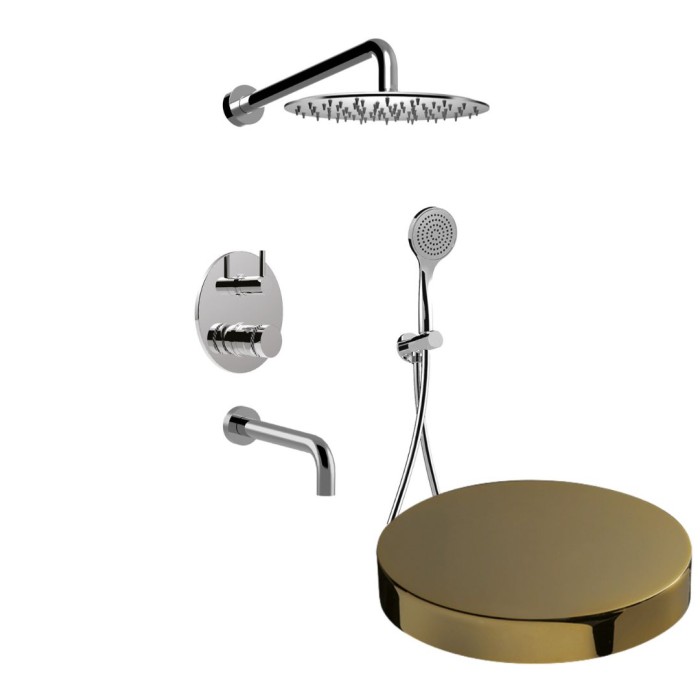 Встраиваемый душевой комплект на 3 режима, однорычажный, с поворотным переключателем, ручной душ, излив, кронштейн, верхний душ d25 см, Giulini My ring deluxe, золото арт. MR0070DLEPO