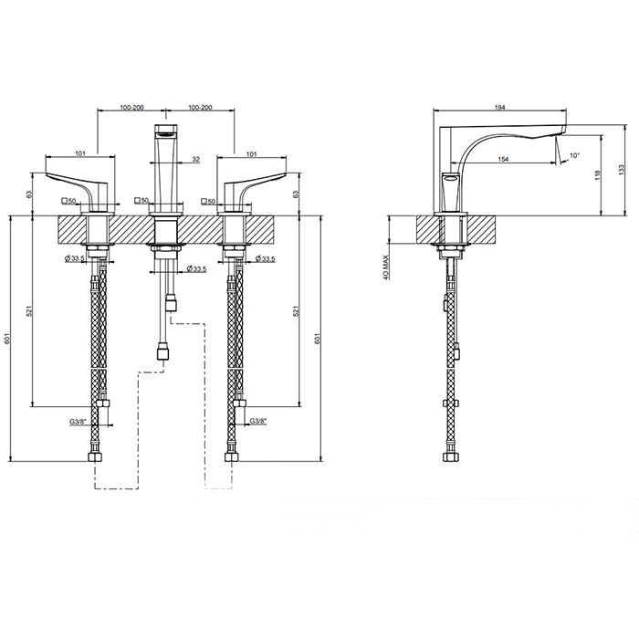 Смеситель для раковины на 3 отв. без донного клапана h=125мм, излив 154мм, Gessi Rilievo, nero xl арт. 59012#299