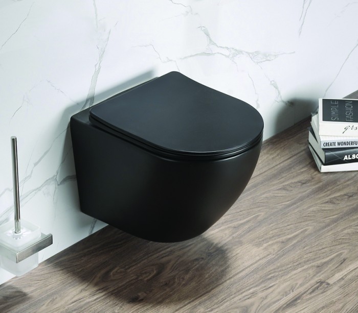 Подвесной унитаз 490х370х370 безободковый, в комплекте с сидением микролифт, черный матовый, Azario Grado арт. AZ-0046-MB SP