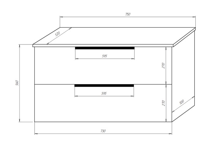Тумба подвесная 75/2 750х500х560 два выдвижных ящика, без столешницы, цвет Дуб Веллингтон, Azario Gris - CS00080424