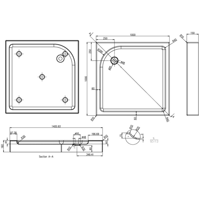Душевой поддон 1000х1000х150 R/L, для 1000, NAG 1221 1000 Greenwood, Azario арт. P110 R/L (P11010)