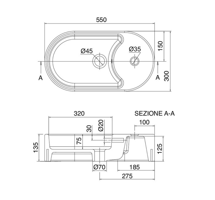 Раковина накладная, с переливом с одним отверстием, цвет белый, Scarabeo Seventy - 8094
