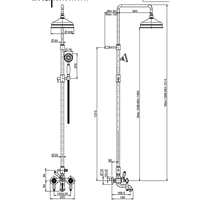 Fima Carlo Frattini Душевая стойка, верхний душ 20см., со смесителем, ручным душем и держателем, Herend, F5404/2OR цвет: золото