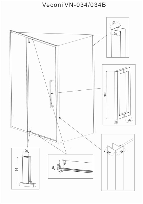 Душевой угол 1200х900х1950 черный, Veconi Rovigo, стекло прозрачное арт. RV034B-12090-01-C7