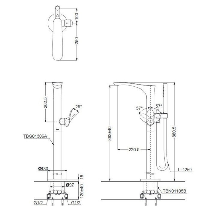 Смеситель для ванны напольный, NC TOTO, TBG01306R цвет: хром