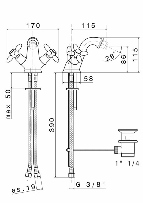 Смеситель для биде вентильный с донным клапаном, MUSE Kerama Marazzi, хром - 9130KM.21.018