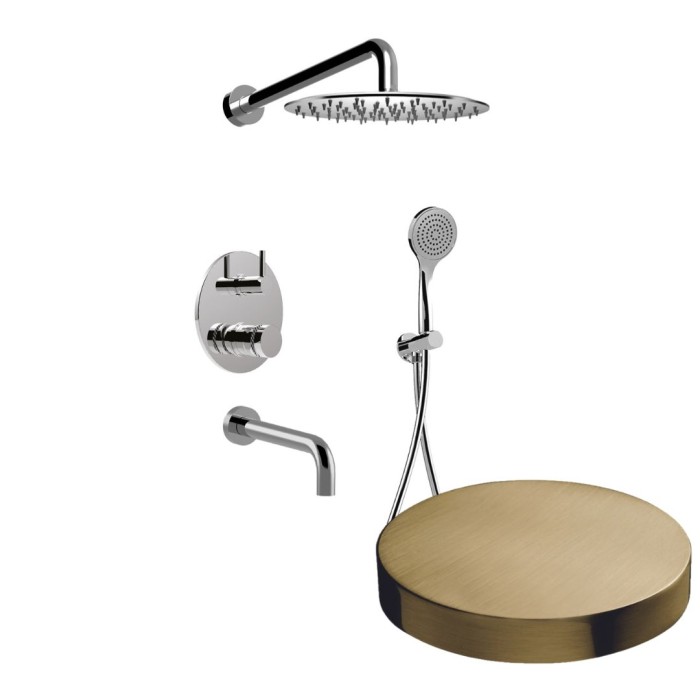 Встраиваемый душевой комплект на 3 режима, однорычажный, с поворотным переключателем, ручной душ, излив, кронштейн, верхний душ d25 см, Giulini My ring deluxe, золото брашированное арт. MR0070DLEPOSP