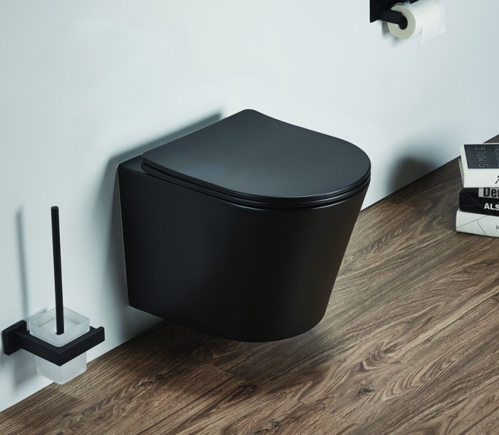 Подвесной унитаз 480х365х360 безободковый, в комплекте с сидением микролифт, черный матовый, Azario Teramo арт. AZ-053E-R-MB SP