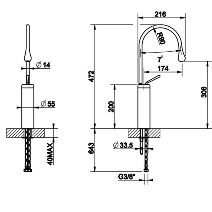 Смеситель для раковины на 1 отверстие, высокий, излив 174мм R=90, с фиксированным носиком, Gessi Goccia, белый арт. 33809#279