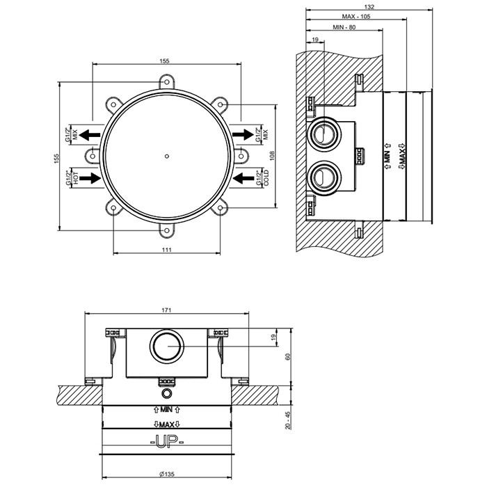 Встраиваемая часть для термостатического смесителя с 2 запорными кнопками, Gessi Hi Fi Comfort, хром арт. 38267#031
