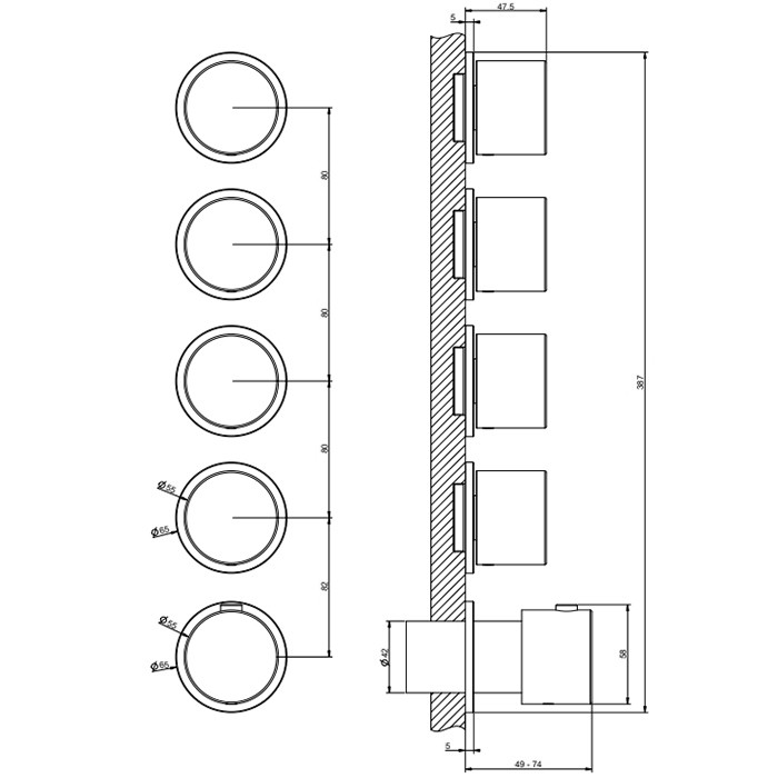 Смеситель для душа, встраиваемый, термостатический, с переключателем на 4 положения, Gessi Habito, хром арт. 63438#031