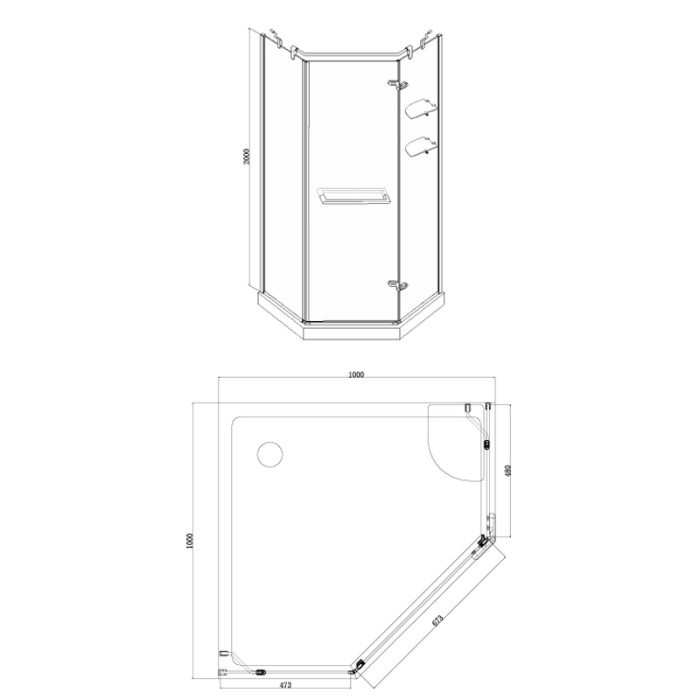 Душевое ограждение 1000х1000х2000 R, со стеклянной полкой, без поддона, прозрачное стекло 8 мм,цвет профиля золото  Montreal, Azario арт. AZ-NWG3231 1000 R GOLD