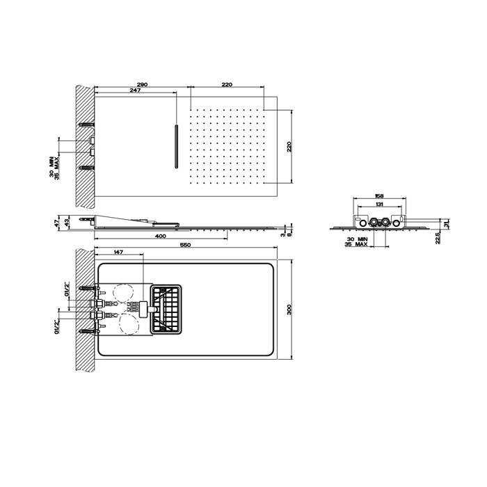 Верхний душ 300х550 мм, подключение: 1/2", Gessi Quadro 3, black xl арт. 33083#299