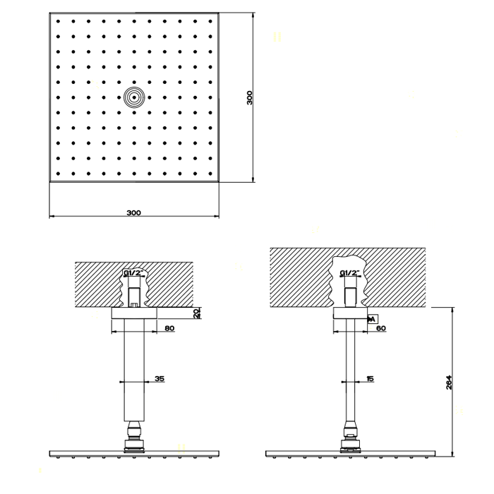 Верхний душ для потолочного крепления 300x300мм, Gessi Rettangolo, хром арт. 15186#031