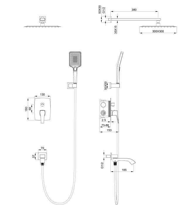 Душевая система встраиваемая, Wonzon & Woghand Flex, WW-88939072-BN цвет: никель